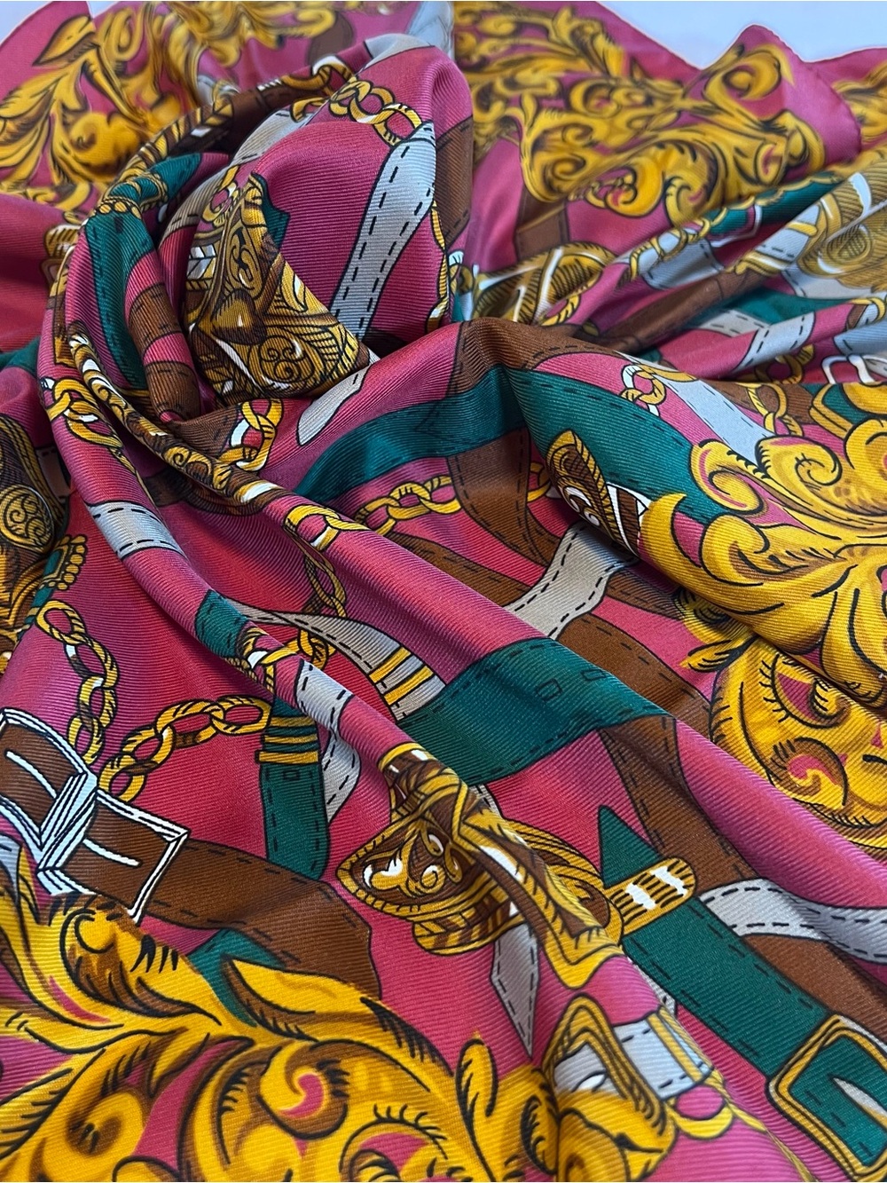 totes Pink Scarf with Gold Baroque Motifs and Green Accents